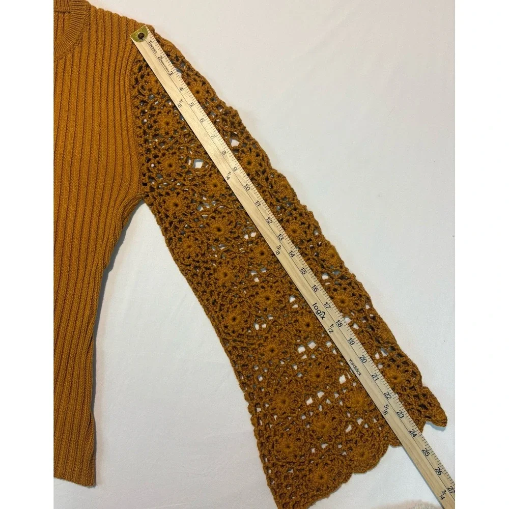 Love Colette Sweater Ladies Large Hippie Crochet Bell Sleeve Mustard Boho